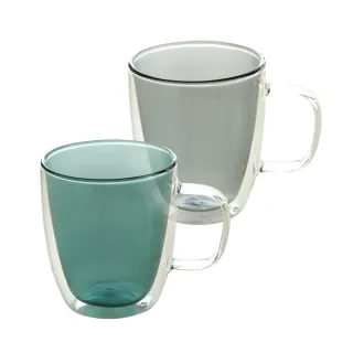 【Just Home】清透彩色雙層耐熱玻璃馬克杯380ml-灰色+綠色(2入組)