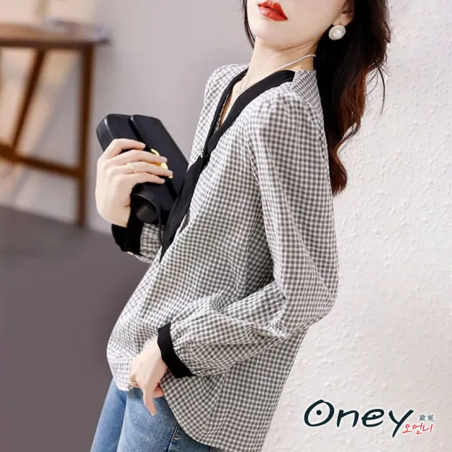 【ONEY 歐妮】● 時尚氣質V領格紋雪紡襯衫(長袖/經典格紋/綁帶Ｖ領/休閒穿搭/售完不補)