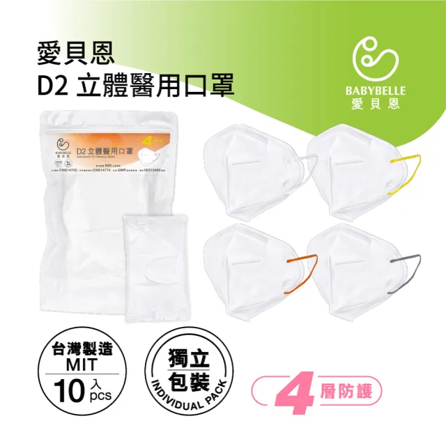 【BABYBELLE 愛貝恩】MIT成人D2立體醫用口罩(10入/獨立包裝)