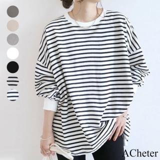 【ACheter】日系新品秋冬條紋素面純色寬鬆圓領長袖棉T大版長版上衣#113756現貨+預購(7色)