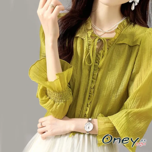 【ONEY 歐妮】★復古抓皺荷葉邊綁帶V領棉麻襯衫(長袖/綁帶設計/燈籠袖款/寬鬆修身)
