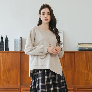 【CUMAR】圓領不對襯下襬衛衣 -女長袖上衣 不對襯 藍 卡(二色/版型適中)