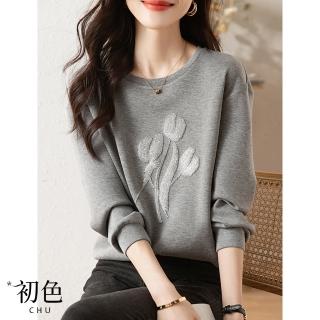 【初色】亮片花朵裝飾圓領衛衣上衣女上衣-灰色-63932(M-2XL可選)