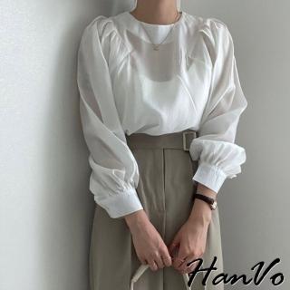 【HanVo】現貨 公主泡泡袖圓領襯衫上衣(韓系百搭顯瘦修身上衣 韓國女裝 女生衣著 A02-1848)