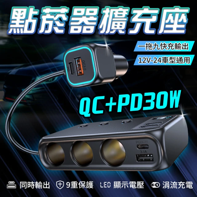 YORI優里嚴選 一對三點煙孔擴充器 汽車車充(雙QC3.0車充 USB充電 PD快充 電壓檢測 點煙器)