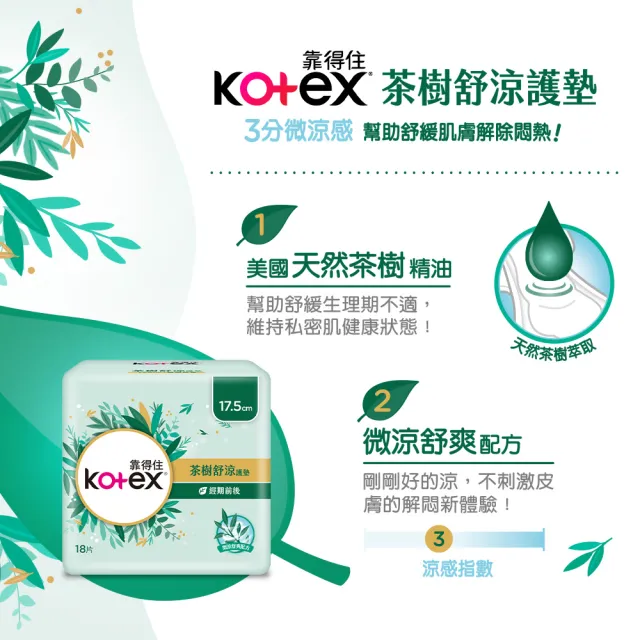 【Kotex 靠得住】茶樹舒涼護墊 經期前後 17.5cm 18片x12包/箱(涼感護墊)