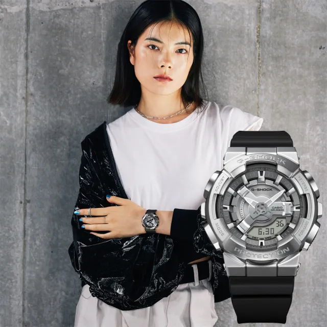 CASIO 卡西歐】G-SHOCK 金屬色雙顯電子錶-百搭銀(GM-S110-1A) - momo