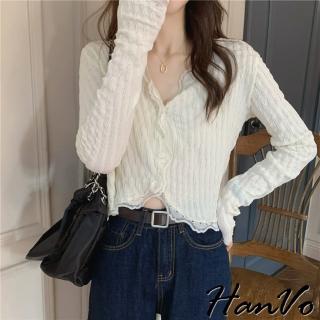 【HanVo】現貨 皺皺溫柔蕾絲拼接上衣(韓系時髦親乎舒適百搭顯瘦修身上衣 韓國女裝 女生衣著 A02-1849)