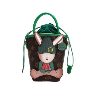 【巴黎精品】現貨+預購 手提包真皮側揹包(兔子印花束口水桶包女包包2色p1av30)