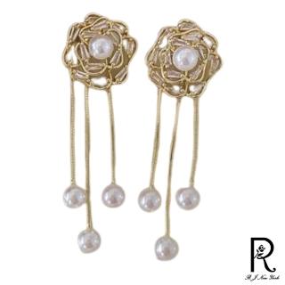 【RJ New York】鏤空玫瑰花鋯石花朵珍珠流蘇耳環(金色)
