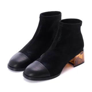 【DN】短靴_彈力布拼接牛皮襪套式透明跟 粗跟短靴(黑)