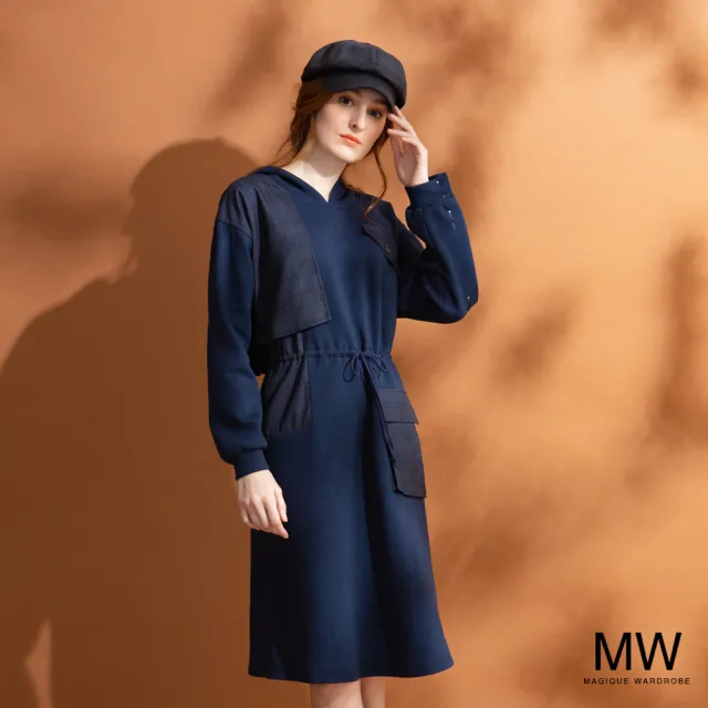 【MAGIQUE WARDROBE】連帽拼接格紋繫腰洋裝(2色)
