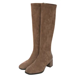 【Ann’S】質感穿搭單品-彈性絨布素面粗跟及膝長靴5cm(可可)