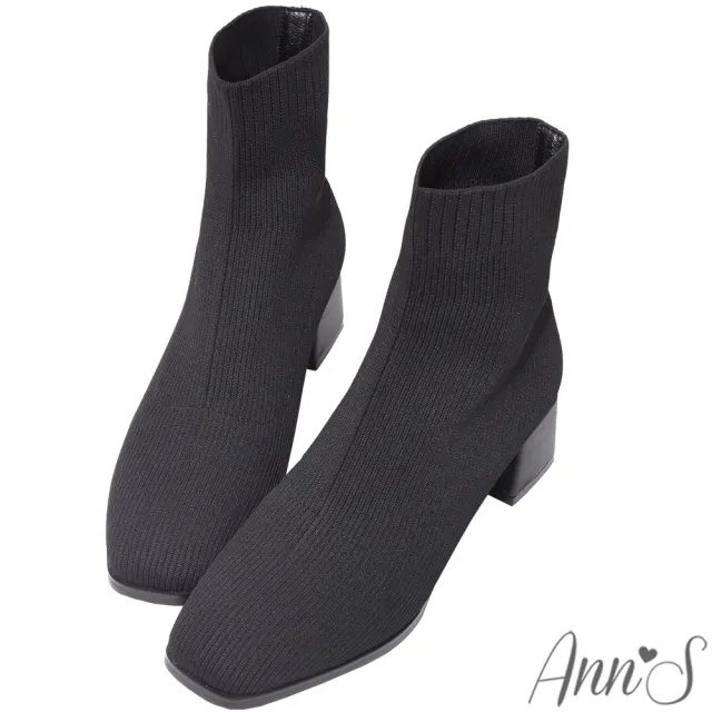 【Ann’S】筷子腿4.0讓你更舒適彈力飛織粗跟方頭短靴5cm(黑)