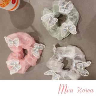 【MISS KOREA】蕾絲髮圈 刺繡髮圈 蝴蝶髮圈/浪漫蕾絲刺繡蝴蝶珍珠紗花造型髮圈 大腸圈(3色任選)