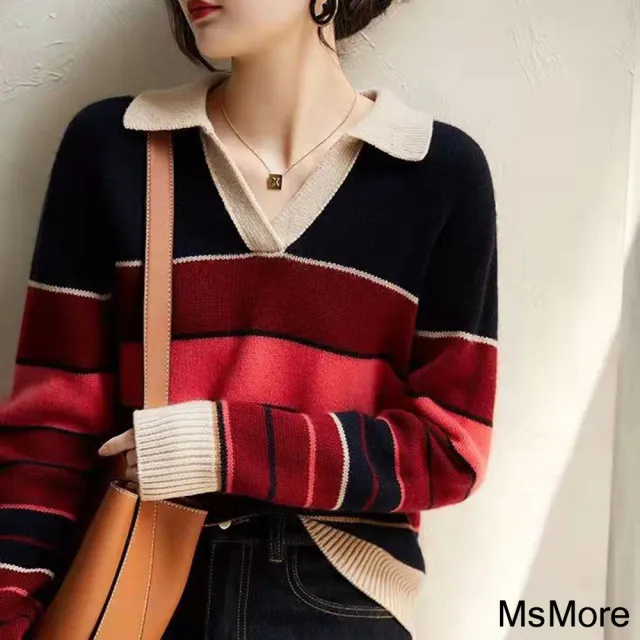 【MsMore】條紋翻領針織衫長袖毛衣法式寬鬆女人味寬鬆短版上衣#115273(條紋)