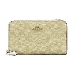 【COACH】COACH 金色LOGO印花PVC 12卡拉鍊長夾(淺卡其x白)