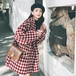 【巴黎精品】現貨+預購 毛呢外套中長款大衣(獨家設計款韓系雙排釦格紋西裝領女外套 v1an16)