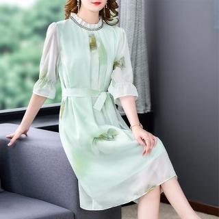 【ALICAI 艾麗彩】黑鑽領若竹綠花苞印花綁帶洋裝(S-2XL)