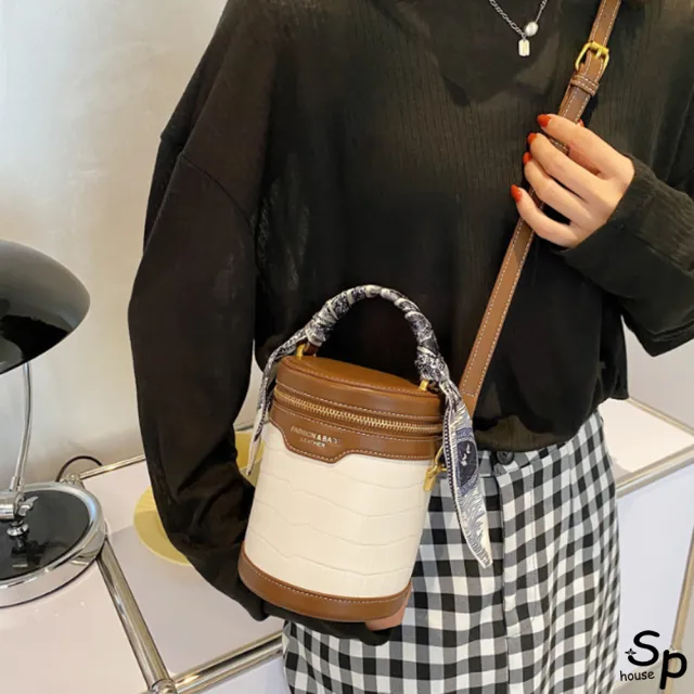 【Sp house】雙11 復古石頭紋絲巾女士手提斜背包側肩包水桶包(3色可選)