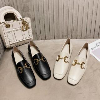 【JP Queen New York】英倫金扣牛皮百搭粗跟樂福鞋(2色可選)