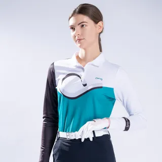 【PING】女款曲線印花剪接薄長袖POLO衫-綠(吸濕排汗/抗UV/GOLF/高爾夫球衫/RA22208-48)