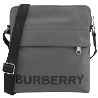 【BURBERRY 巴寶莉】經典品牌LOGO厚尼龍直式方包記者包斜背包(灰)