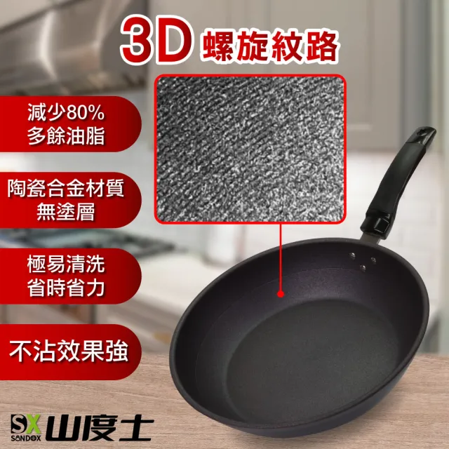 【山度士Sandox】奈米陶瓷3D螺旋紋30cm不沾平底鍋含鍋蓋-加贈木鏟(不沾深平底鍋30cm含鍋蓋贈木鏟)