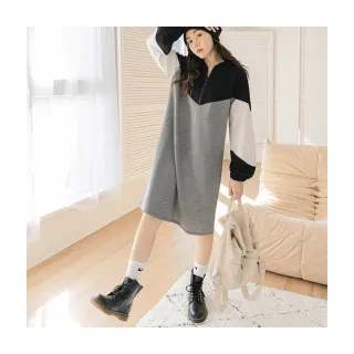 【OB 嚴選】率性配色拼接半開襟長袖傘襬洋裝 《DA9476》