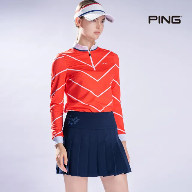 【PING】女款V循環條立領長袖POLO衫-橘(吸濕排汗/蓄熱保溫/GOLF/高爾夫球衫/RA22211-28)