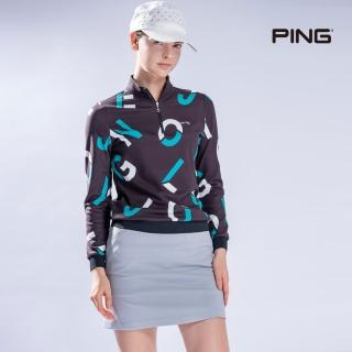 【PING】女款大字母印花立領長袖POLO衫-黑(吸濕排汗/蓄熱保溫/GOLF/高爾夫球衫/RA22210-88)