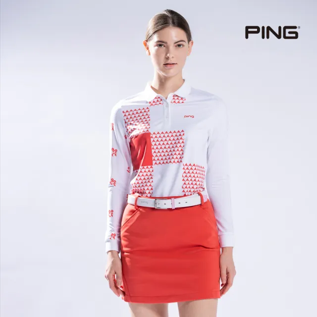 【PING】女款旗幟格紋薄長袖POLO衫-橘(吸濕排汗/蓄熱保溫/GOLF/高爾夫球衫/RA22206-28)
