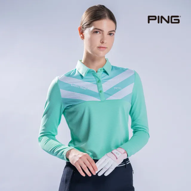 【PING】女款V字網點印條紋長袖POLO衫-綠(吸濕排汗/抗UV/GOLF/高爾夫球衫/RA22207-45)