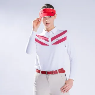 【PING】女款V字網點印條紋長袖POLO衫-白(吸濕排汗/抗UV/GOLF/高爾夫球衫/RA22207-87)