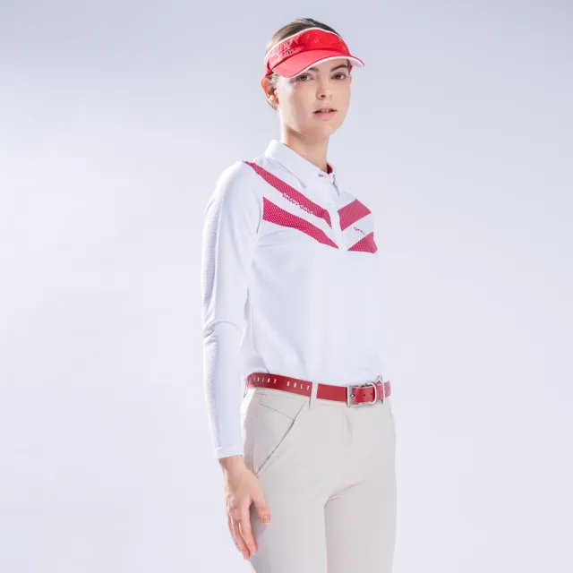 【PING】女款V字網點印條紋長袖POLO衫-白(吸濕排汗/抗UV/GOLF/高爾夫球衫/RA22207-87)
