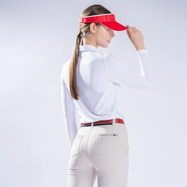 【PING】女款V字網點印條紋長袖POLO衫-白(吸濕排汗/抗UV/GOLF/高爾夫球衫/RA22207-87)