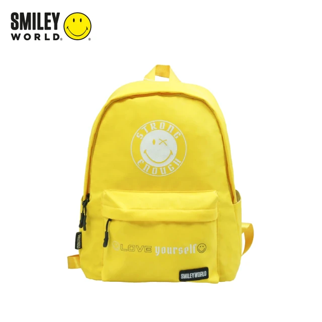 【Smiley World 微笑世界】黃色笑臉休閒防潑水多功能後背包(實用款透氣多夾層雙肩包 可放平板小筆電)