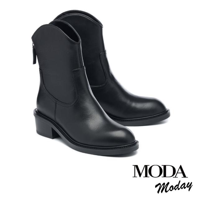 【MODA Moday】帥氣西部風牛皮後拉鍊高跟短靴(黑)