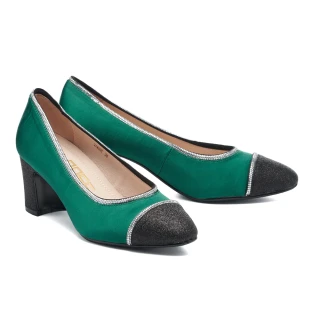 【MELROSE】時髦摩登水鑽異材質拼接高跟鞋(綠)