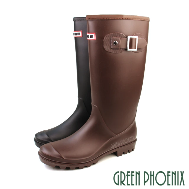 【GREEN PHOENIX 波兒德】女款質感霧面金屬釦帶防水粗跟長筒雨靴/雨鞋(黑色、棕色)