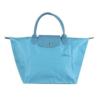 【LONGCHAMP】LE PLIAGE GREEN刺繡LOGO環保尼龍短提把手提包(M/雷雨藍)