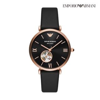 【EMPORIO ARMANI 官方直營】Meccanico 簡約中性鏤空機械手錶 黑色環保製程皮革錶帶 40MM AR60064