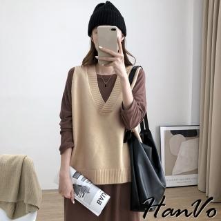 【HanVo】現貨 V領寬肩前短後長針織背心(韓系時髦百搭寬鬆顯瘦修身外搭背心 韓國女裝 女生衣著 A07-4959)