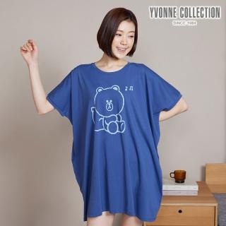 【YVONNE 以旺傢飾】熊大網印大T上衣-紳士藍(LINE FRIENDS)