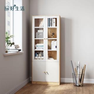 【hoi! 好好生活】林氏木業北歐簡約透明四門書櫃 JV1X-原木+白色