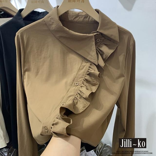 【JILLI-KO】荷葉邊造型設計感小眾翻領襯衫-F(咖)