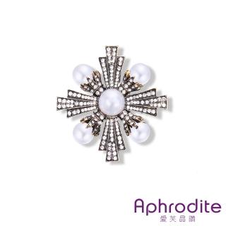 【Aphrodite 愛芙晶鑽】璀璨十字美鑽珍珠造型胸針(十字胸針 美鑽胸針 珍珠胸針)