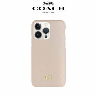 【COACH】iPhone 14 Plus 精品真皮手機殼 粉白色經典大C(保護殼/手機套)