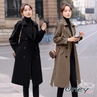 【ONEY 歐妮】★時尚修長比例收腰風衣外套(長版外套/顯瘦修身/秋天首選/經典款式)