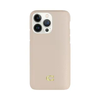 【COACH】iPhone 14 精品真皮手機殼 粉白色經典大C(iPhone16 e/iPhone13可共用)